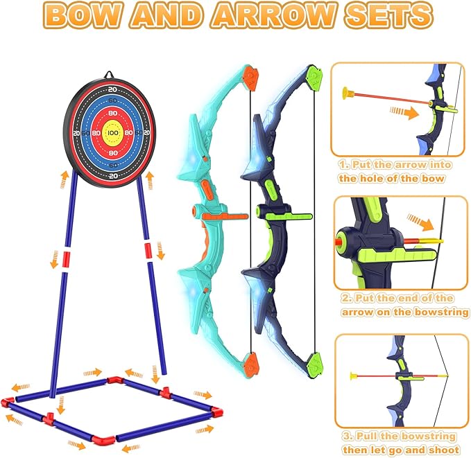2 Pack Kids Bow and Arrow Set with LED Flash Lights, 14 Suction Cup Arrows and Fluorescence Standing Target-Perfect Indoor and Outdoor Game Archery Set Toy Gift for 4 5 6 7 8-12 Year Old Boys