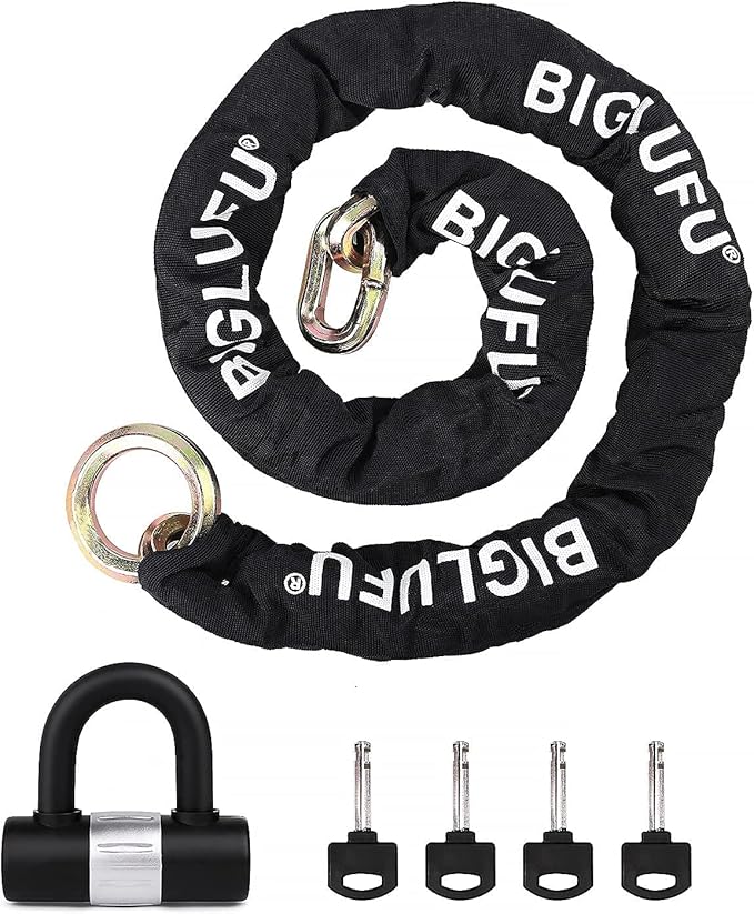 BIGLUFU Motorcycle Chain Lock 150cm/5ft Heavy Duty Bike Chain Lock Anti-Theft Durable Cut Proof 14mm Thick Security Bicycle Chain with 4Keys 16mm U Lock for Moped,Scooter,Motorcycles