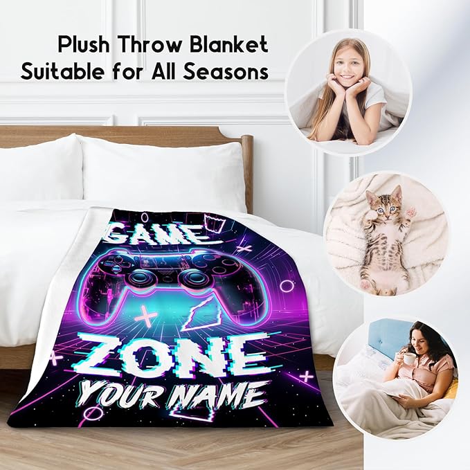 Personalized Gaming Blanket for Boys Men, Custom Gamer Gifts for Kids Teen, 30"x40" Flannel Blankets Gift Ideas for Bedroom, Soft Fuzzy Throws for Couch Office