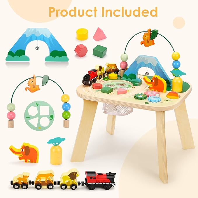wingyz Activity Table for 1 Year Old Toddler, 9-in-1 Multi-Colorful Wooden Montessori Toys, Baby Play Table with Bead Maze Shape Sorter Train Toy, Educational Gifts for Kids Boys Girls