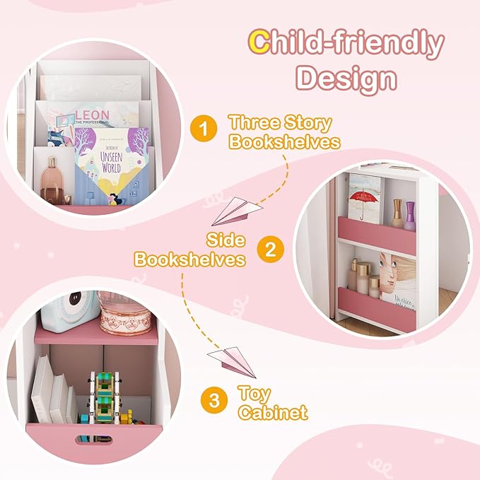 ARTETHYS Kids Vanity with Mirror and Lights Small Princess Pink & White Dressing Table with Open Bookshelf 3 in 1 Toddler Makeup Vanity Desk Set with Storage Chair and Toy Organizer for Little Girls