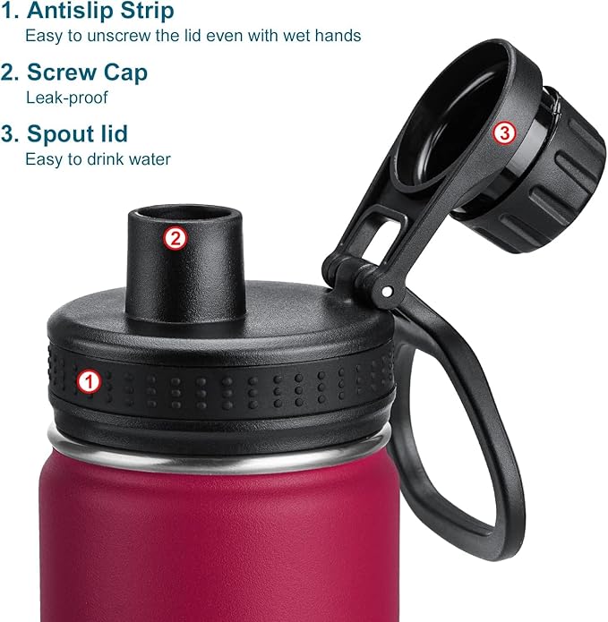 koodee 12 oz Water Bottle -Stainless Steel Vacuum Insulated Wide Mouth Flask with Leakproof Spout Lid, Reusable Sports Metal Water Bottle BPA Free(Fuchsia Red)