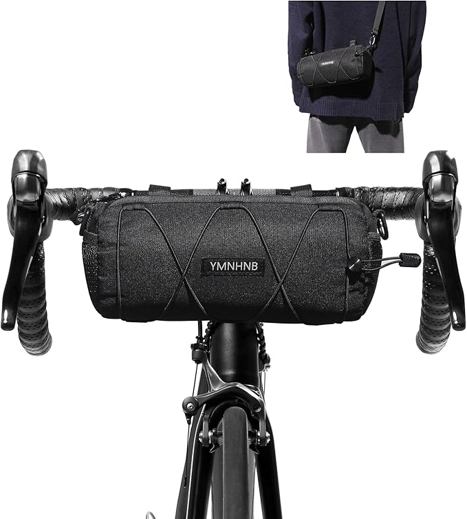 Bike Handlebar Bag, Waterproof Bicycle Storage Pouch, Cylindrical Handlebar Bag with Shoulder Strap & Elastic Cord, Fits Road & Mountain Bikes