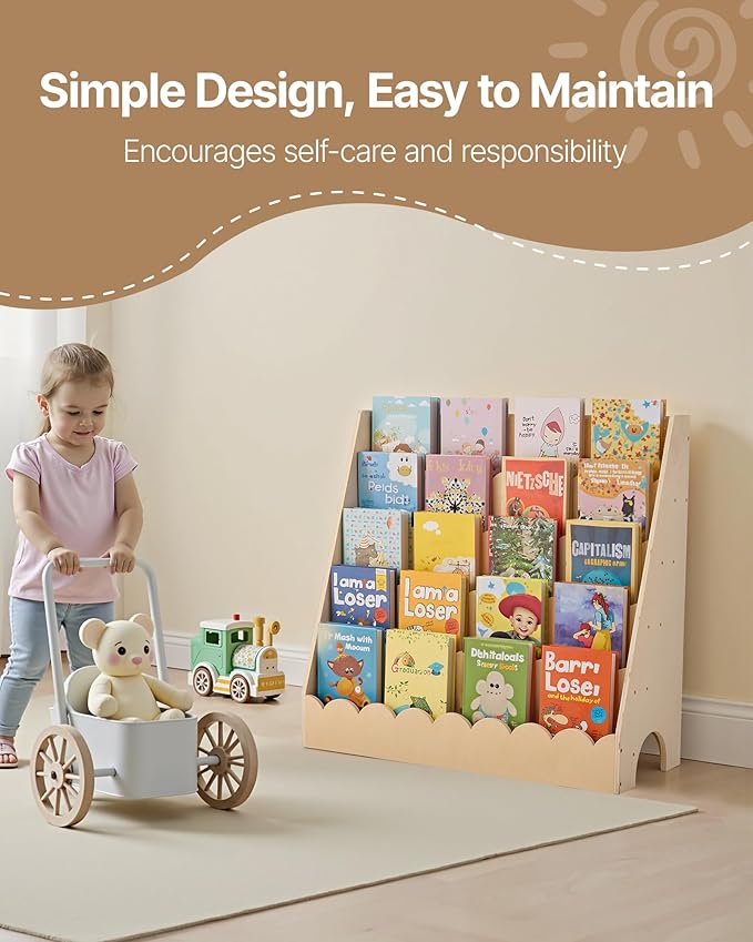 VEVOR 5-Tier Montessori Bookshelf, Scalloped Kids Bookcase, Wooden Book Shelf with 2 Dual Hooks, Daycare Furniture Display Bookshelf for Bedroom, Living Room, Entryway, Nursury, Preschool