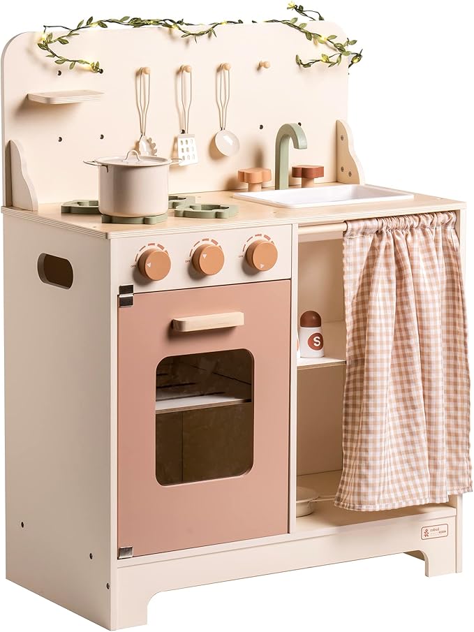 ROBOTIME Kids Play Kitchen Set - Rustic Wooden Kitchen Sets, Pretend Play Kitchen with Leaf Light String, Apron, and Groves, for Toddlers 3+ (Rustic Style)