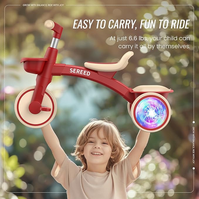 SEREED Colorful Lighting Toddler Tricycle for 2-5 Years Old Boys Girls, Adjustable Seat&Handlebar Trike, Removable Basket, Birthday Gift Idea for Kids Ages 2+ (Red)
