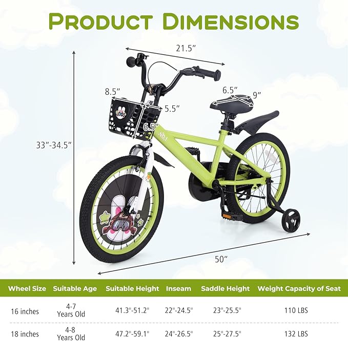 BABY JOY Rabbit Pilot Sporty Kids Bike, 12 14 16 18 Inch Child Bike for 3-8 Years Old with Adjustable Height, Training Wheels, Storage Basket, Handbrake & Coaster Brake, Kids Bicycle for Girls Boys