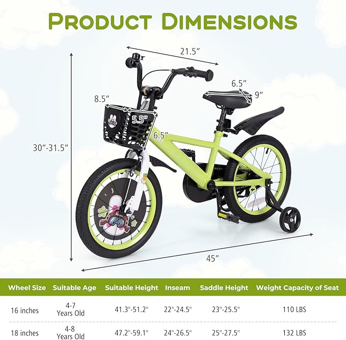 BABY JOY Rabbit Pilot Sporty Kids Bike, 12 14 16 18 Inch Child Bike for 3-8 Years Old with Adjustable Height, Training Wheels, Storage Basket, Handbrake & Coaster Brake, Kids Bicycle for Girls Boys