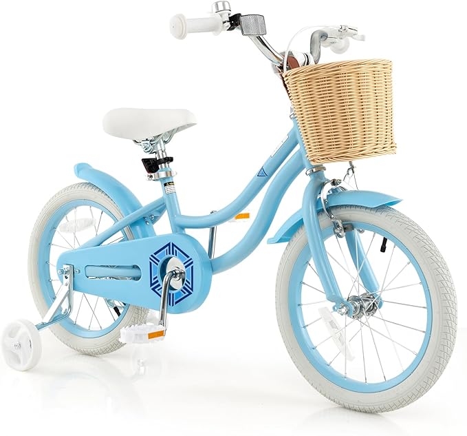 COSTWAY Kids Bike, 14 16 18 Inch Toddler Bike with Training Wheels, Basket, Adjustable Seat & Handlebar, Hand & Coaster Brakes, Bell, for Girl Boy Aged 3-8 Years Old