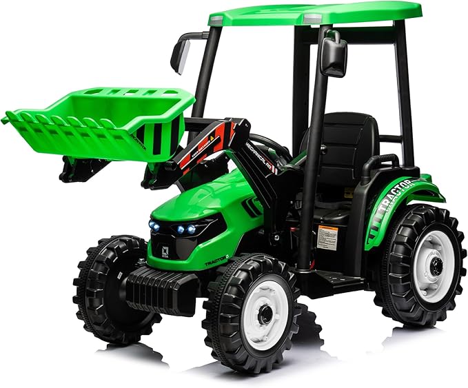 Kidsera 24V Ride on Tractor with Front Loader, Ride On Excavator with 24volt Dual Motors 4-Gearbox Metal Frame Kids Electric Vehicles 24V Power Wheels 24v Ride on Toys for Big Kids (Green)