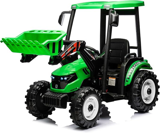 Kidsera 24V Ride on Tractor with Front Loader, Ride On Excavator with 24volt Dual Motors 4-Gearbox Metal Frame Kids Electric Vehicles 24V Power Wheels 24v Ride on Toys for Big Kids (Green)