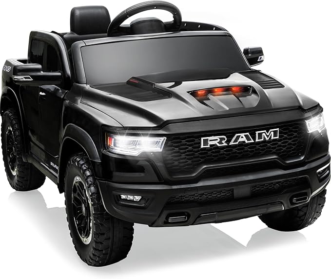 First Ride On 12V Licensed Ram 1500 Ride on Toy for Kids, Toddler Ride on Pickup Truck with Parent Remote Control, Electric Car for Kids with Truck Bed Storage, 3 Point Safety Belt (Black)