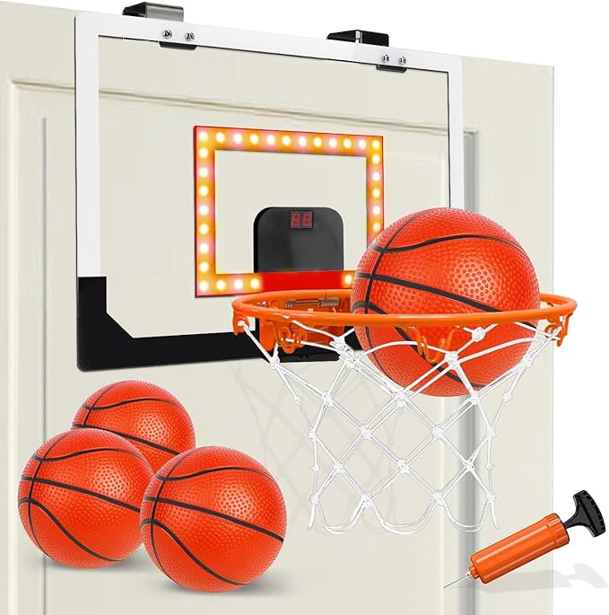 TOY Life Basketball Hoop LED Scoresboard Indoor Basketballhoop Wall Mount Over The Door Backboard for Teens Adults Boys Toys Age 8-10 Games Indoor with 4 Balls