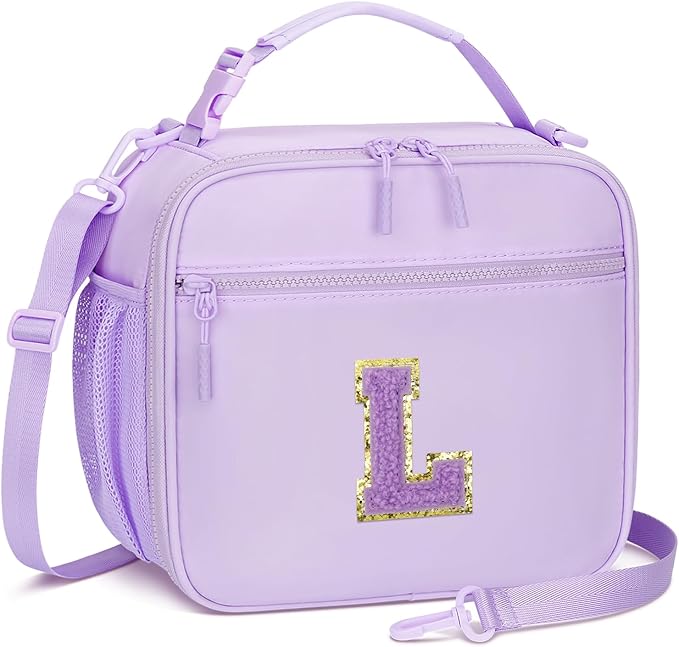 Kids Initial Lunch Bag, Reusable Insulated Lunch Box for Girls Toddlers, Back to School Gift, Leak-proof Cooler Bag for School Daycare Travel Picnic, Purple-L