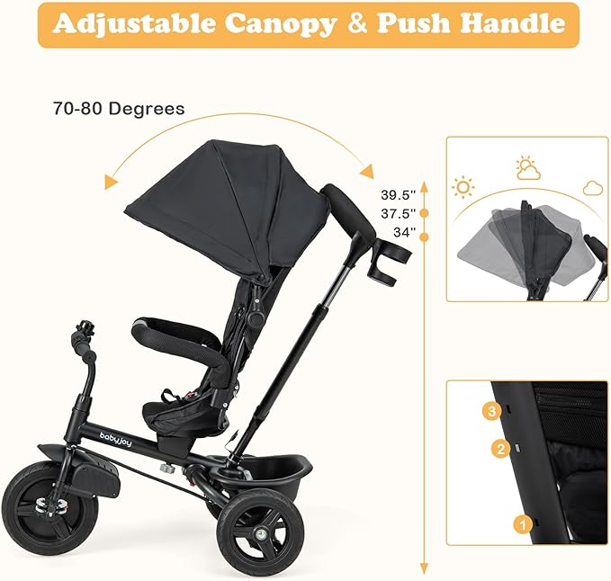 BABY JOY Tricycle, 6 in 1 Tricycle for Toddler w/Reversible Seat, Adjustable Canopy & Parent Handle, 5-Point Safety Belt, PU Wheels and Storage Basket, Push Tricycle for 9-60 Months (Black)