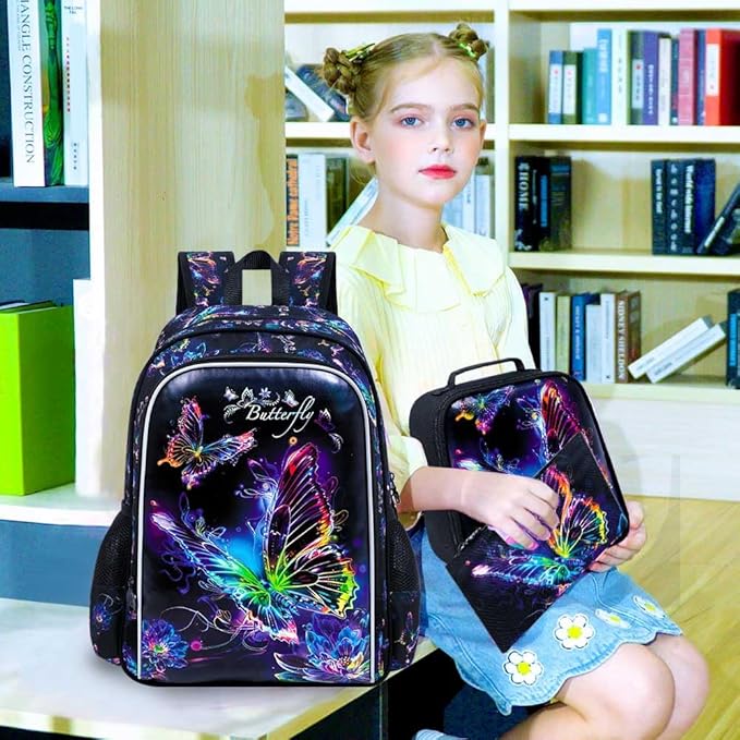 CCJPX 3PCS Backpack for Girls, 16 Inch Butterfly Preschool School Backpacks with Lunch Box, Water Resistant Bookbag with Elementary Toddler Travel
