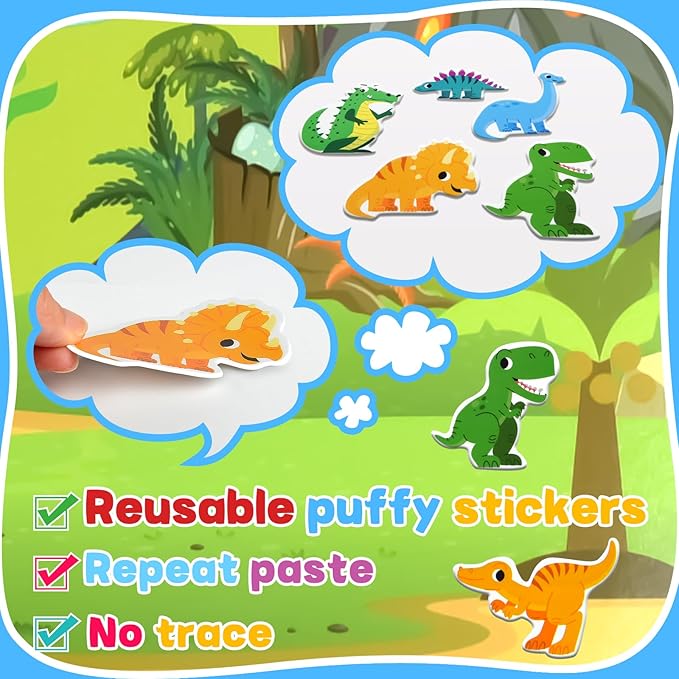 ASTARON 3 Pack Reusable 3D Puffy Sticker Book for Kids 3-6, Jelly Sticker Game Educational Sensory Learning Toy, Travel Toys and Busy Book(Little Wings Handle)