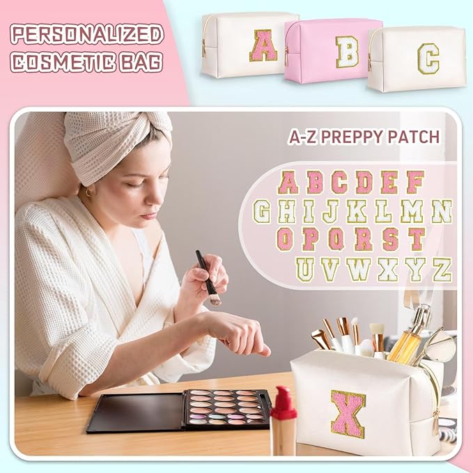 TOPEAST Cosmetic Travel Bags for Women, Preppy Small Makeup Bag, PU Leather Waterproof Toiletry Bag, Unique Friendship Gifts for Friends Coworker, Cute Stuff for Girls (Pearly White R)