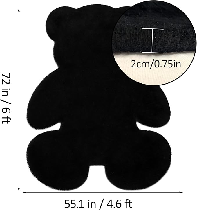 4.6x6 ft Black Bear Soft Fluffy Large Rug, Shaggy Faux Sheepskin Fur Rug Fuzzy Shag Area Rug Cute Plush Carpet for Nursery Kids Girls Bedroom Room Aesthetic Living Room Floor Home Decor, Black