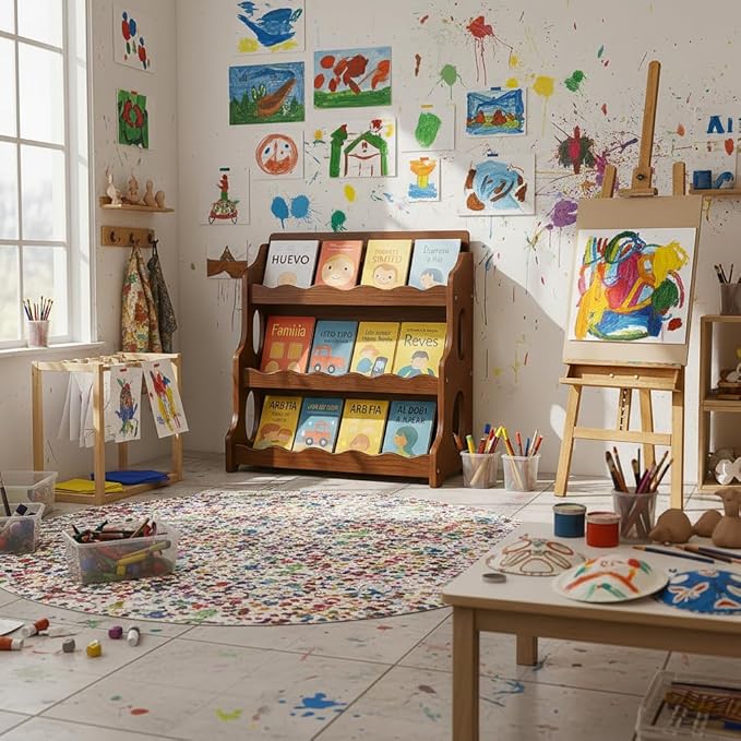 Kids Bookshelf Wooden Montessori Book Shelf Dutch Design 3Tier Scalloped,WalnutWood Pattern