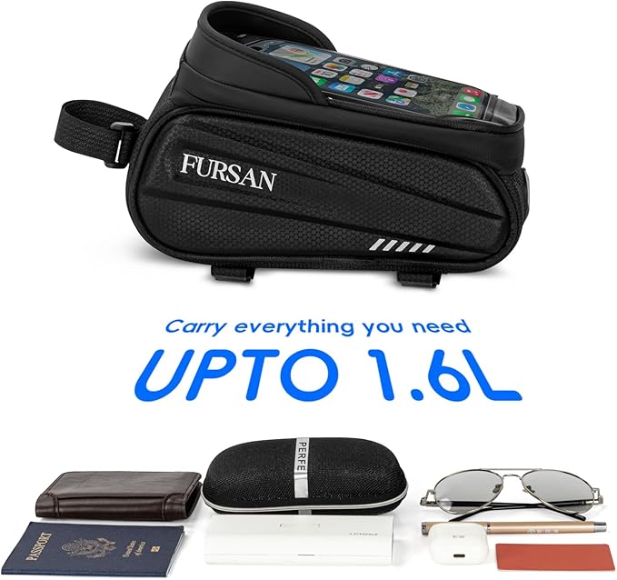 Bike Phone Holder Bags - Waterproof EVA Hard-Shell Front Top Tube Cycling Pouch, Sensitive TPU Touchscreen, Bike Frame Bag, Bicycle Phone Mount with Rain Cover, Bike Accessories, Fits 7-Inch Phones