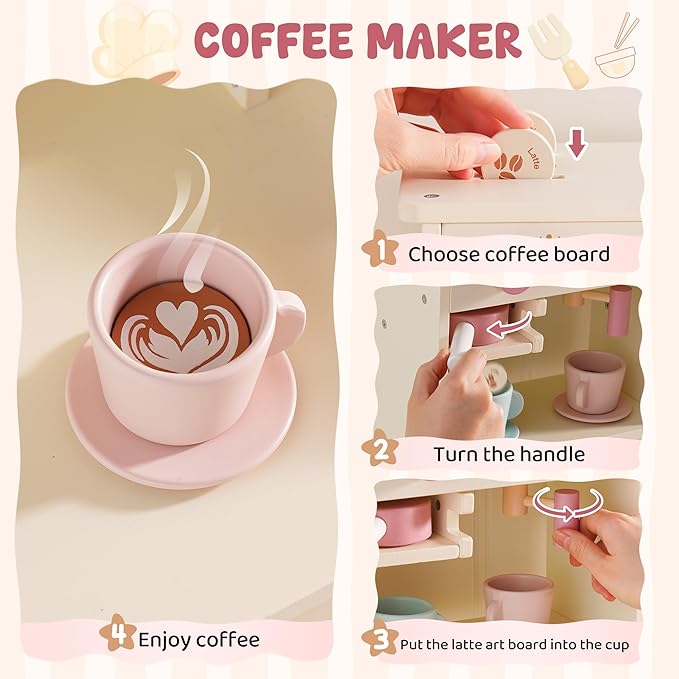 ROBUD Play Kitchen, Pink Toy Kitchen Playset with Pretend Coffee Maker & Toaster for Toddler Aged 3+, Wooden Kids Kitchen of Birthday Gift to Kids, WCF57