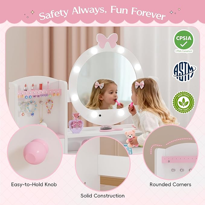 TOLEAD Kids Vanity, Girls Vanity Set with Mirror and Stool and Lights, Toddler Vanity Table and Chair Set with Jewelry Storage, Wooden Princess Makeup Desk Dressing Table for Little Girls (White)