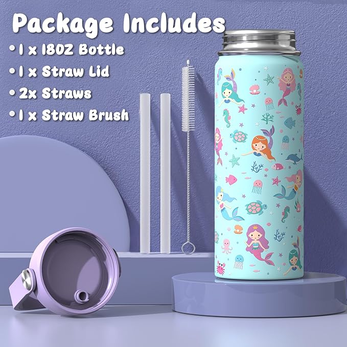 18oz Kids Insulated Water Bottle with Straw Lid - 18/8 Stainless Steel Kid Cup BPA-FREE Tumbler Double Wall Vacuum Leak Proof Portable Toddler Water Bottle for School (Purple Mermaid)