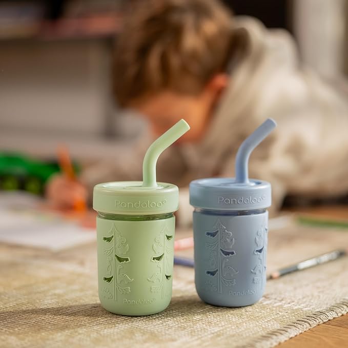 Pandaloo® Mason Jar Toddler Cup - 8 oz Spill-Proof Glass Tumbler with Silicone Straw and Lid, Non-Slip Sleeve, BPA-Free Toddler Snack Cups - Perfect Smoothie Cups with Lids and Straws for Kids