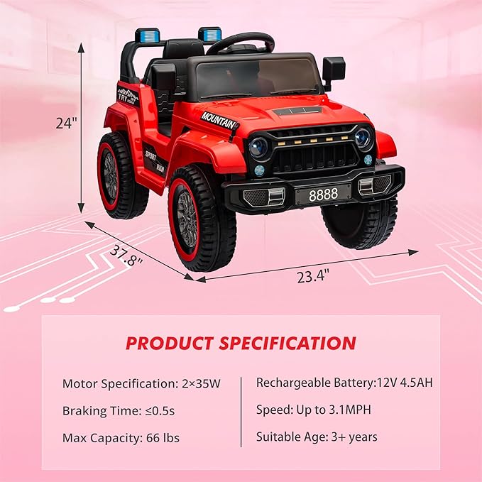 12V Kids Ride-on Truck with Parent Remote Control,All-Terrain Electric Car with Twin 35w Motors, 3 Speeds & Spring Suspension,LED Lights for Fun Night Drives,Ideal Gift for Boys & Girls