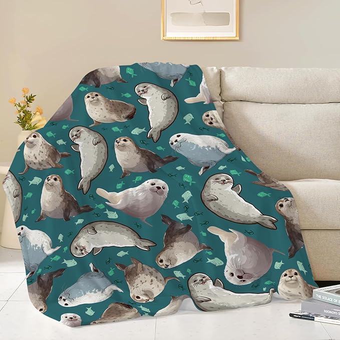 Seal Throw Blanket Ocean Seal Stuff Gifts for Kids Girls Boys Adults Women Men Soft Cozy Warm Plush Fluffy Fuzzy Fleece Blanket Decor 50''X60''