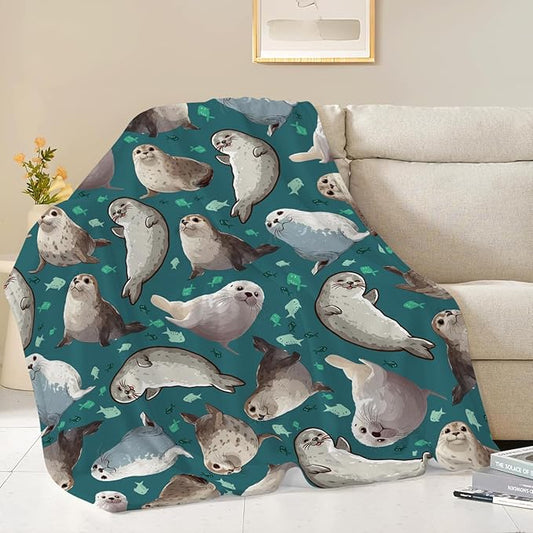 Seal Throw Blanket Ocean Seal Stuff Gifts for Kids Girls Boys Adults Women Men Soft Cozy Warm Plush Fluffy Fuzzy Fleece Blanket Decor 50''X60''