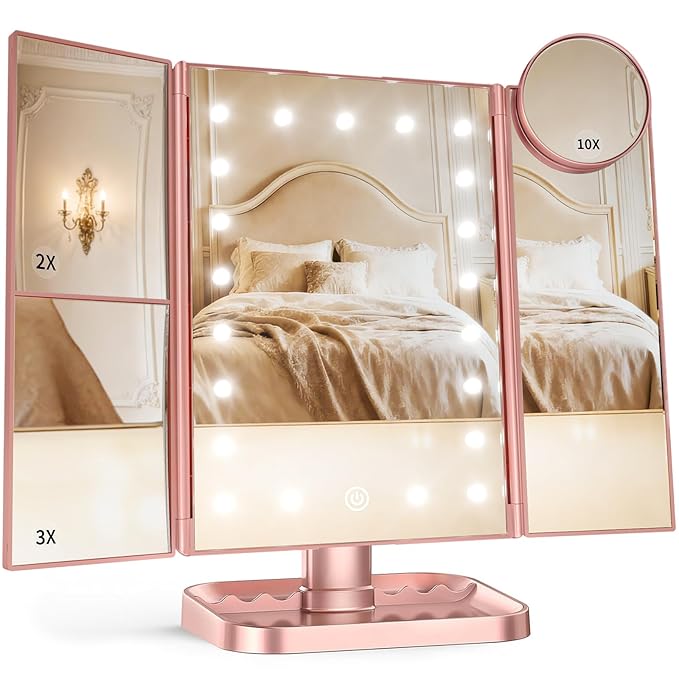 HUONUL Makeup Mirror Vanity with Lights, 2X 3X 10X Magnification, Touch Control, Trifold Mirror, Dual Power Supply, Gifts for Women, Wife, Mom, Teengirls(Rose Gold)