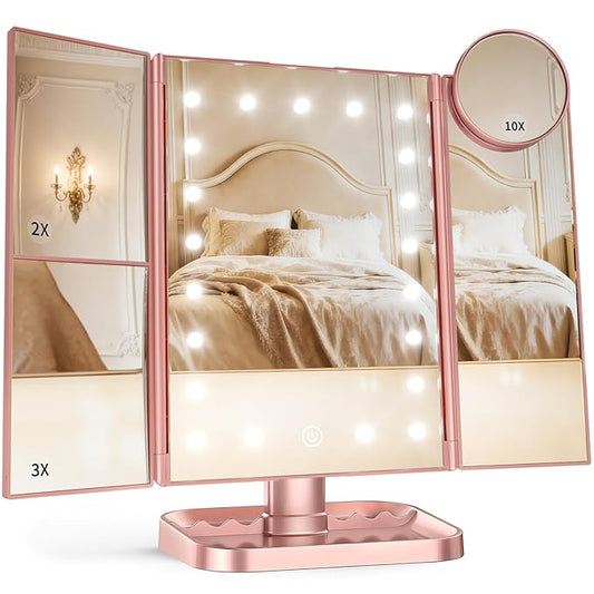 HUONUL Makeup Mirror Vanity with Lights, 2X 3X 10X Magnification, Touch Control, Trifold Mirror, Dual Power Supply, Gifts for Women, Wife, Mom, Teengirls(Rose Gold)
