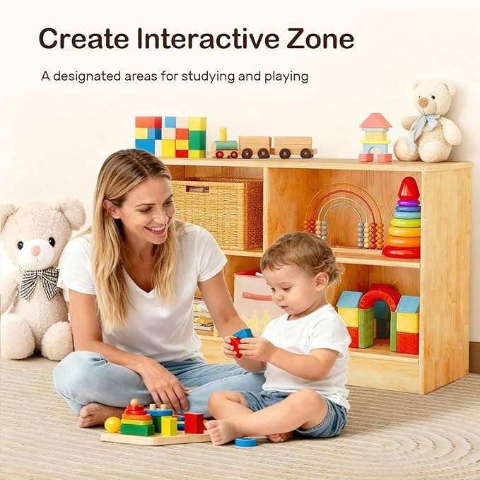 wingyz Montessori Bookshelf Rubber Soild Wood, 5-Section Wooden Storage Cabinet, 2 Shelf Bookcase Toy Storage Organizer, 35.4" L Montessori Shelf for Kids Rooms Classroom Nursery Daycare, Child-Safe