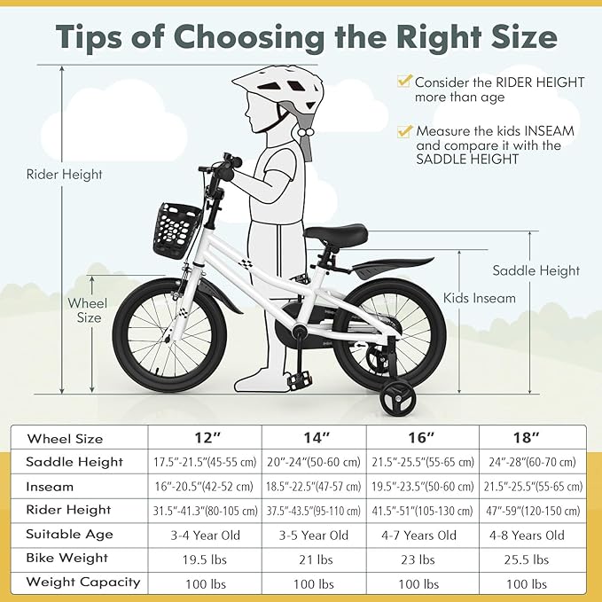 COSTWAY Kids Bike, 12 14 16 18 Inch Toddler Bike for Boys & Girls Aged 3-8 Years Old, Kids Bicycle w/Removable Training Wheels, Handbrake & Coaster Brake, Basket, Bell