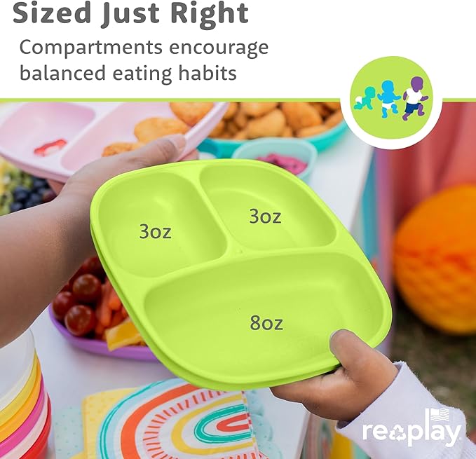 Re-Play Toddler Plates with Dividers - Deep-Walled 3 Compartments Divided Plates for Kids - Dishwasher & Microwave Safe - Made in USA - Set of 3-7.37" x 7.37" x 1.25" - Tulip