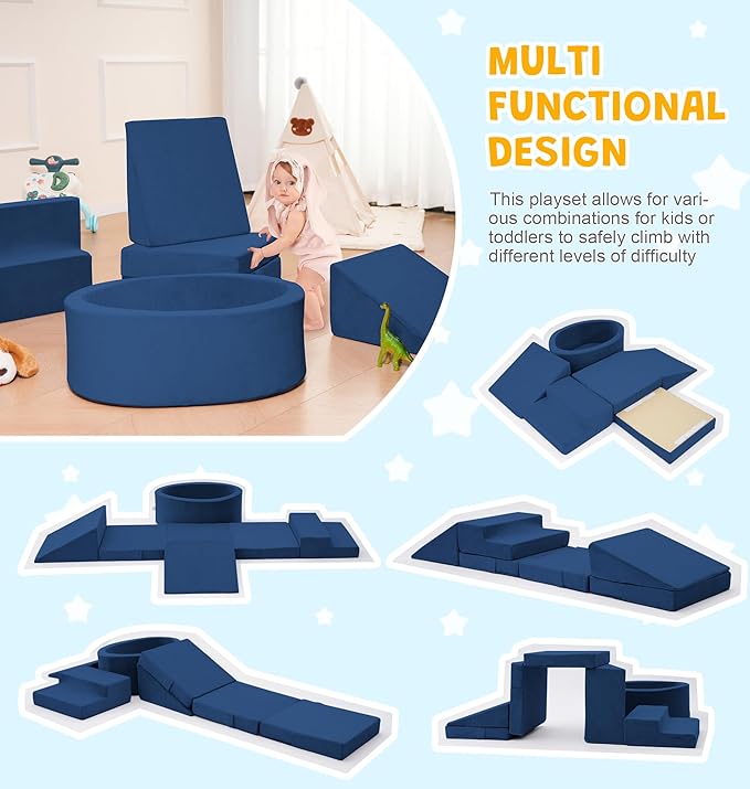 Foam Climbing Blocks with Ball Pit & Stairs for Toddlers Aged 1-3 -Soft Playset for Indoor Crawling, Foam Playground Set for Baby to Active Playing Inside -(Balls NOT Included),Navy