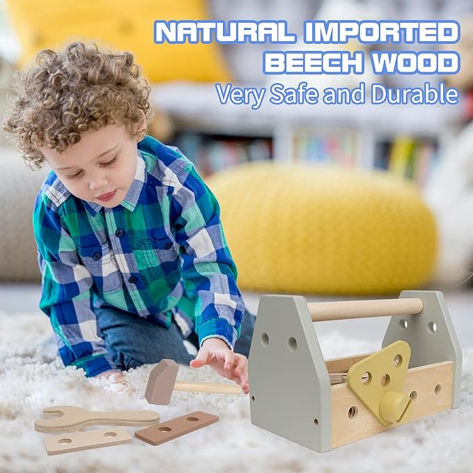 Montessori Wooden Tools Kit Toddler Educational Construction Kids Toys Sets Play Box Preschool Play Tool Wooden Construction Toy （Yellow）