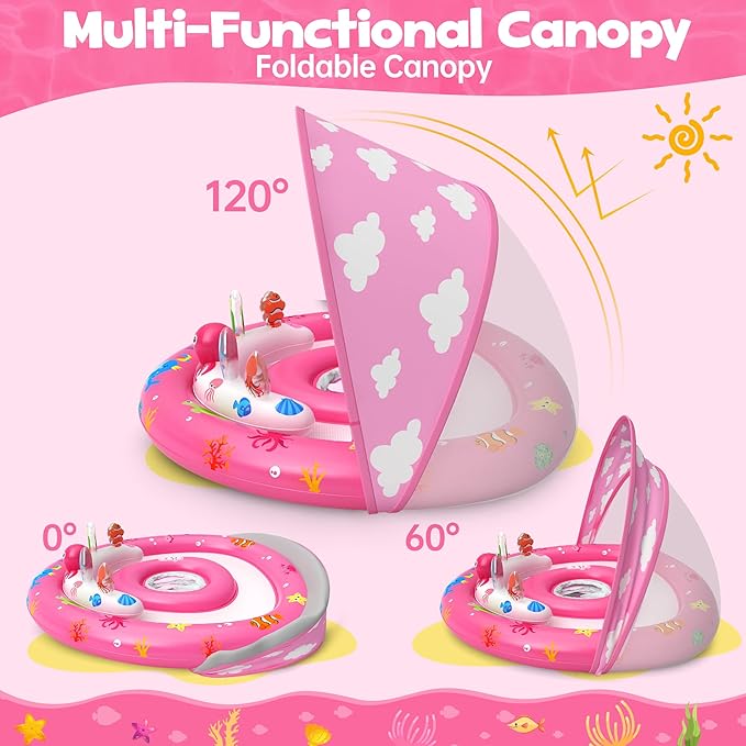 ZIZZ Baby Pool Float with Canopy - 2025 New Inflatable Baby Swim Float with UPF50+Sun Protection, Baby Infant Pool Float with Toy Play Console Adjustable Seat for Toddler Kids Aged 6-36 Months