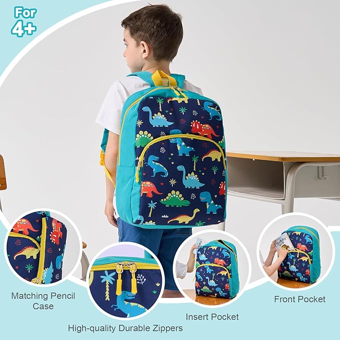 Cokouchyi 3 Pcs Kids Backpack Set with Lunch Box & Pencil Case, Lightweight Preschool Backpack for Boys Age 3-8, Kids Book bag Elementary, Dinosaur