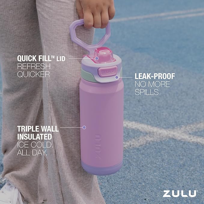 ZULU Powerfill Pro 18oz Kids Stainless Steel Water Bottle with Quick Fill Lid, Triple Wall Vacuum Insulated, Leak Proof Locking Lid, Sip & Chug, Reusable, BPA Free, Dishwasher Safe, Sweet Sorbet