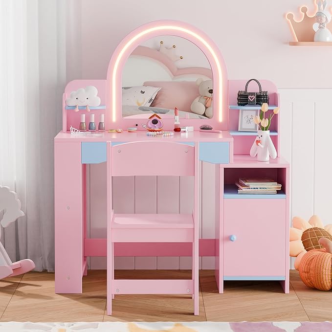 MU Kids Vanity with Lights, Princess Makeup Vanity Desk with Open Bookshelf, Storage Cabinet & Shelves, 2 in 1 Toddler Vanity Table & Chair Set with Lighted Mirror for Little Girls (Blue)