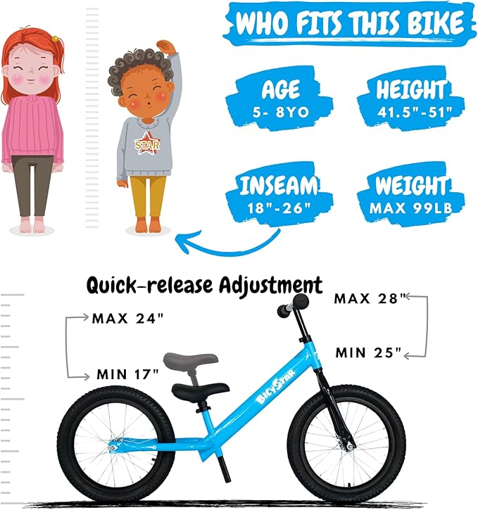 16 Inch Kids Balance Bike for 5-8 Year Old, No Pedals, Air Tires, Footrests, Adjustable Height for Big Boys, Girls