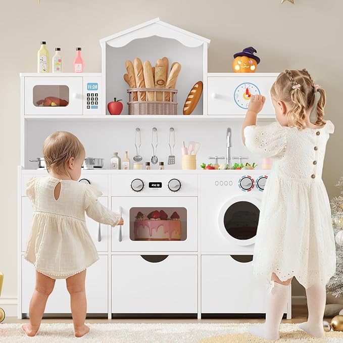 Keyluv Wooden Play Kitchen for Kids and Toddler, Montessori Toy Kitchen Playset with Plenty of Pretend Play Features and Storage Drawers, Gift for Boys and Girls, White