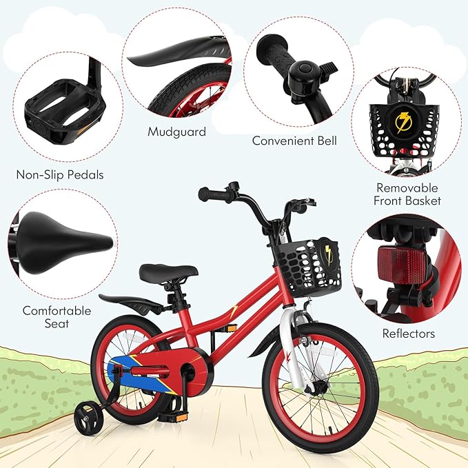 COSTWAY Kids Bike, 12 14 16 18 Inch Toddler Bike for Boys & Girls Aged 3-8 Years Old, Kids Bicycle w/Removable Training Wheels, Handbrake & Coaster Brake, Basket, Bell