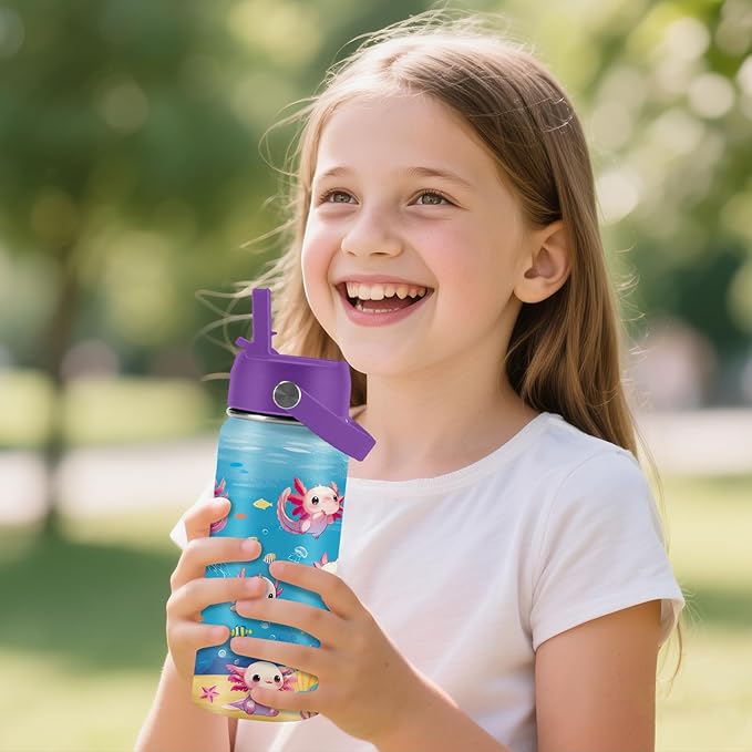 Axolotl Gifts for Girls 16 oz Kids Water Bottle with Straw Lid, Stainless Steel Insulated Tumbler, Leak Proof, BPA-Free,Adorable Ocean Animal Mug Cup for Sports,Travel Children Birthday Gifts (1pc)