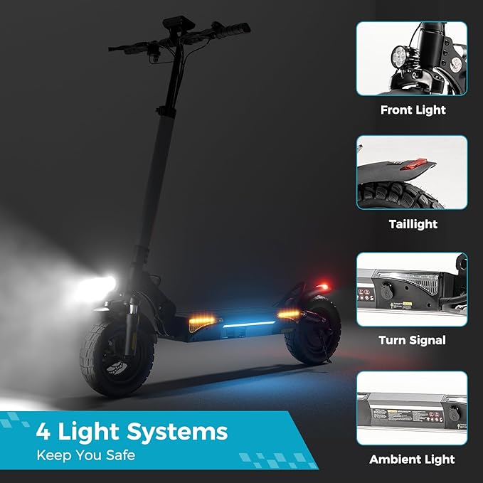 Electric Scooter for Adults, 28 MPH Top Speed & 28 Mile Range, 1000W Powerful Motor, 10" Off-Road Tires, Dual Suspension & Ambient Light & Turn Signals, Foldable Adjustable Handlebar Commuting Scooter