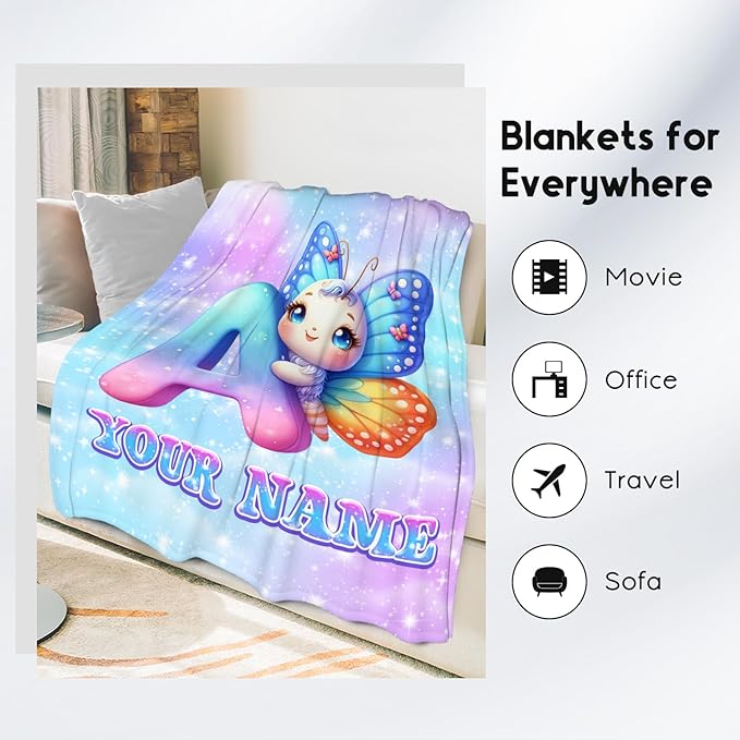 Butterfly Gifts - Personalized Girls Blanket with Name for Kids - Custom Monogram Throws for Daughter - Soft Flannel Throw Blankets - 4 Sizes for Toddler/Children/Teens/Adults