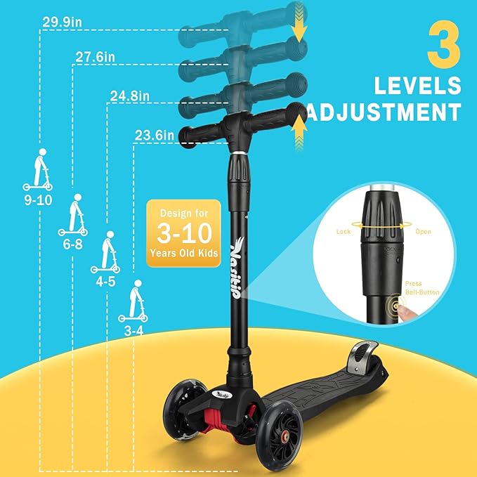 Scooters for Kids Ages 3-5, Kick Scooter for Boys Girls, 4 Adjustable Height, AEBC-9 Bearing, 3 Light Up Wheels, Lean to Steer, Outdoor Activities for Toddlers from 3 to 12 Years Old, Deep-Black
